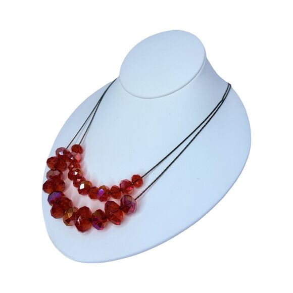 Red Crystal Layered Necklace 20" 2-Tier Beaded Silver Chain Formal - Picture 12 of 16